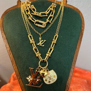 Gold Stack/Layer LV Necklaces and Statement Link Bracelet
